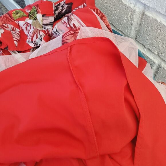 ASOS Dress Womens Petite Size 2 Red Floral Mesh Insert Fit and Flare Midi New - Picture 10 of 14